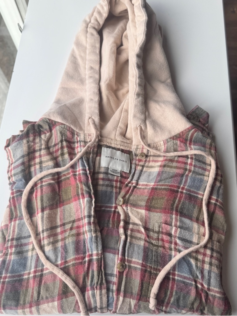 American Eagle Plaid Hooded Button-Up in Pink, Olive & Blue